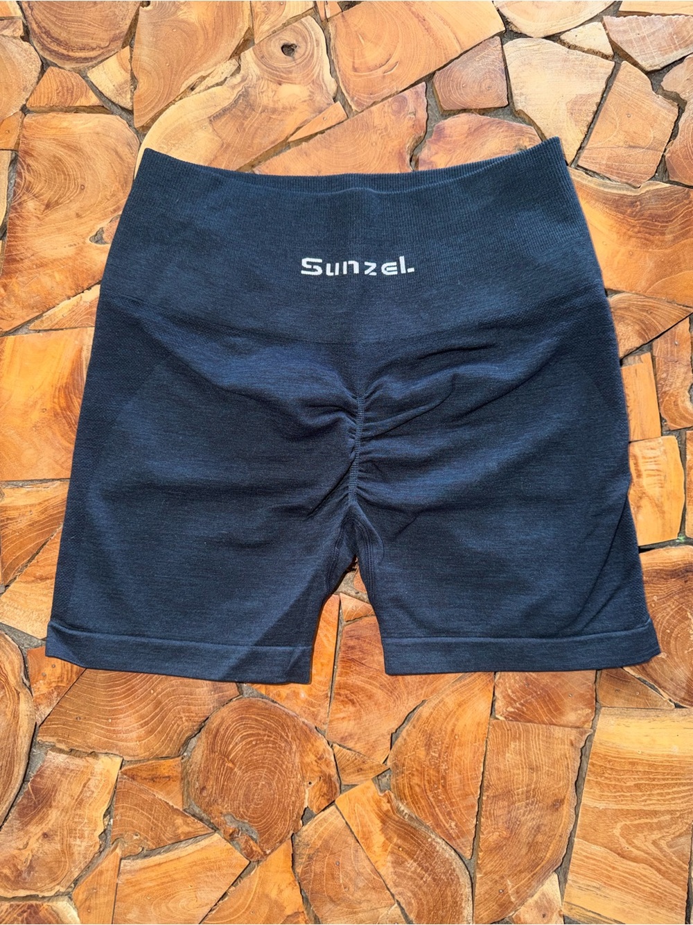Sunzel Women's Seamless Black Athletic Shorts - High-Waist Ruched Bike Shorts S
